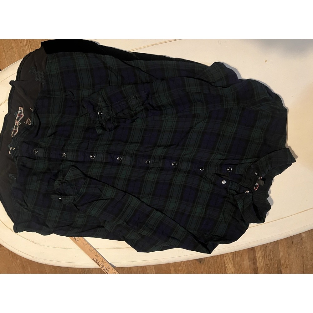 Johnny Was Workshop M Embroidered Velvet Plaid Button Tunic Top Black Green Boho
